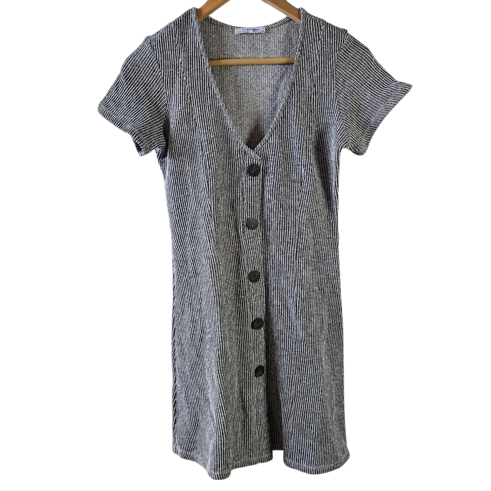 ZARA button up short sleeve dress Size Small Ribbed stretchy black and white 042
